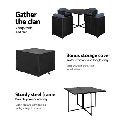 Gardeon 5-Piece Outdoor Dining Set – Black Wicker Table & Chairs Patio Setting