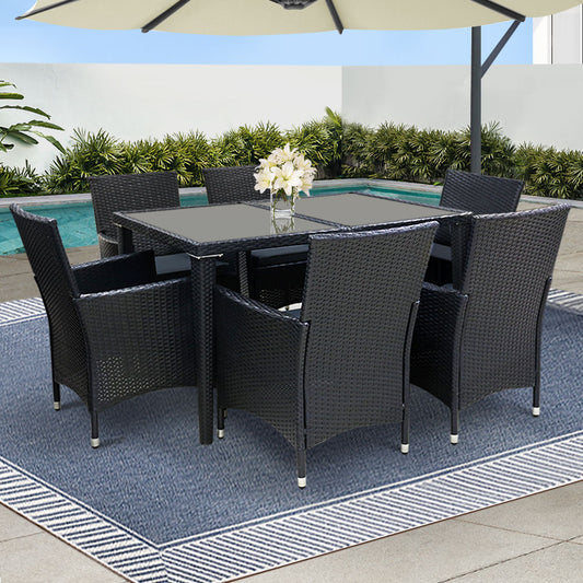 Gardeon 7-Piece Outdoor Dining Set – Black Wicker Lounge Setting for Patio or Garden