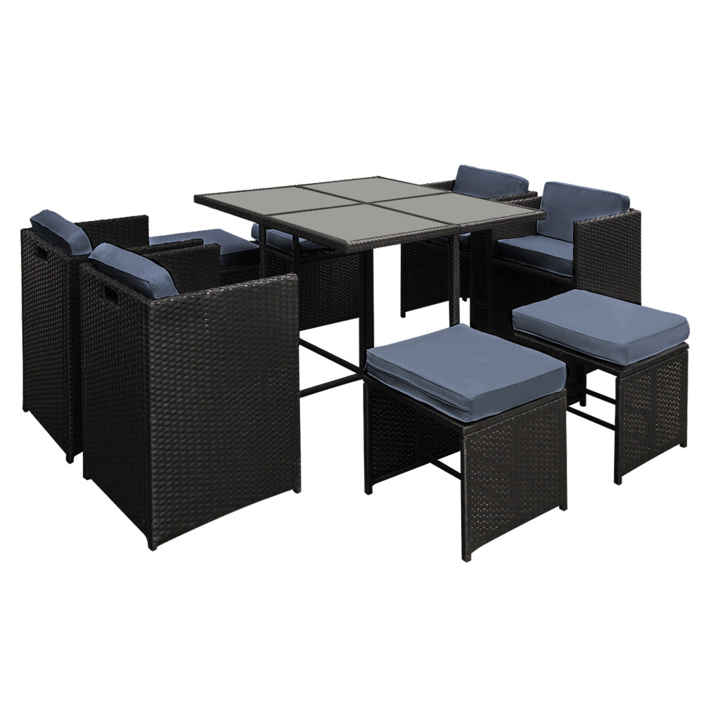 Gardeon 9-Piece Outdoor Dining Set – Black Wicker Table & Chairs Patio Setting