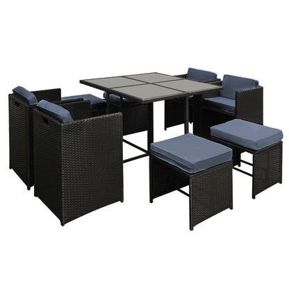 Gardeon 9-Piece Outdoor Dining Set – Black Wicker Table & Chairs Patio Setting