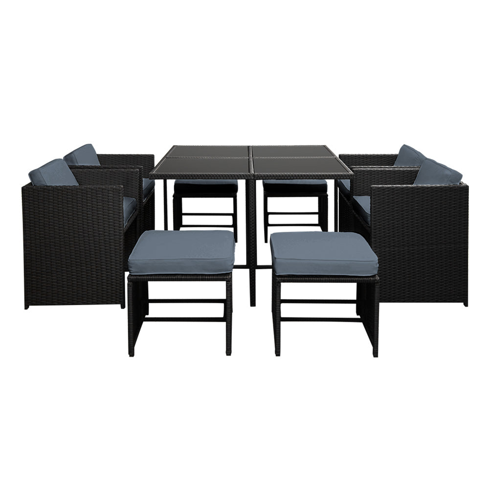 Gardeon 9-Piece Outdoor Dining Set – Black Wicker Table & Chairs Patio Setting