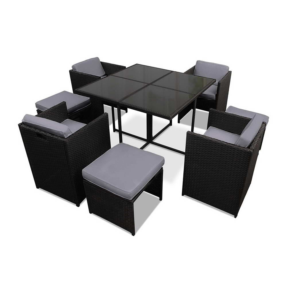 Gardeon 9-Piece Outdoor Dining Set – Black Wicker Table & Chairs Patio Setting