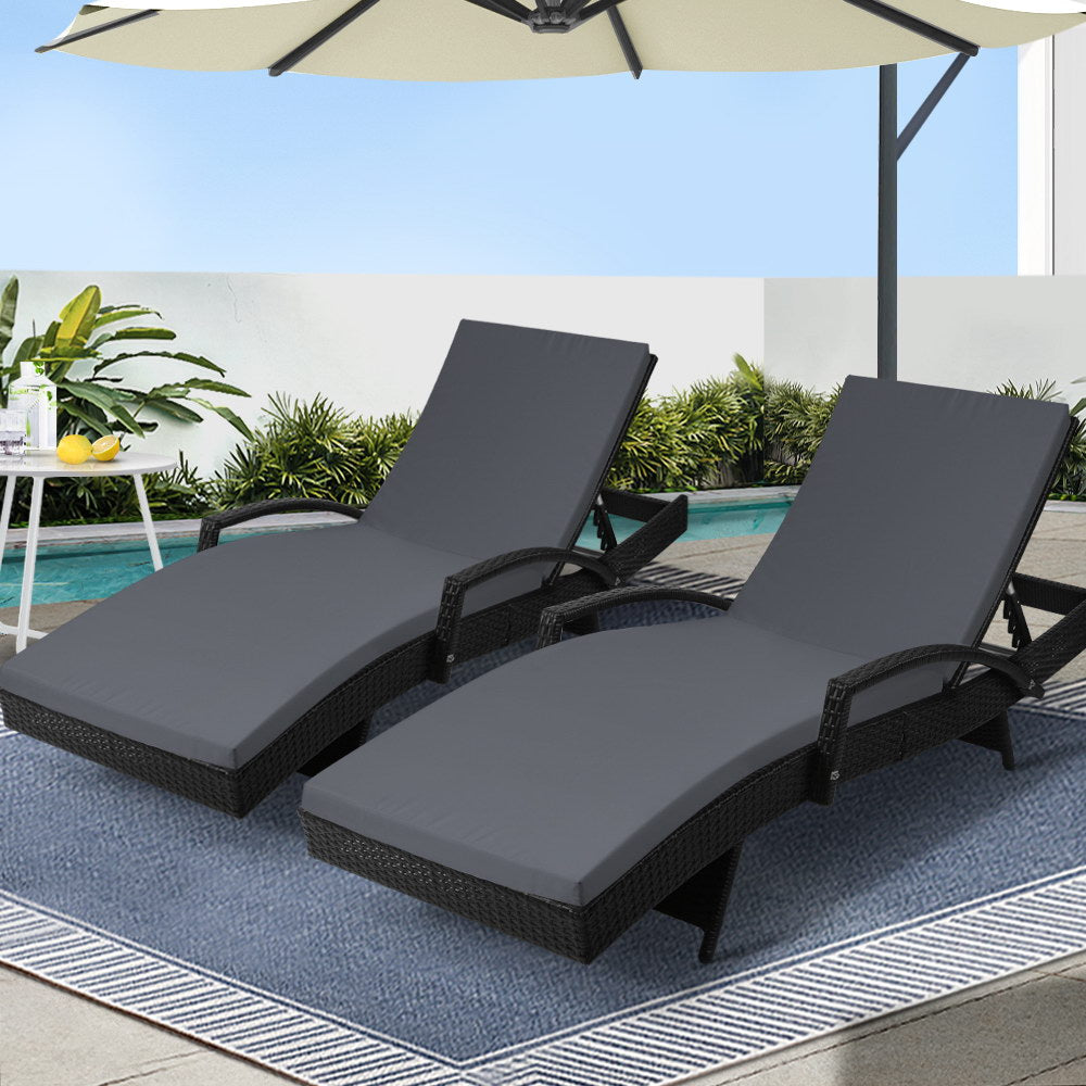 Gardeon 2PC Sun Lounge Set – Black Wicker Adjustable Outdoor Loungers with Cushions