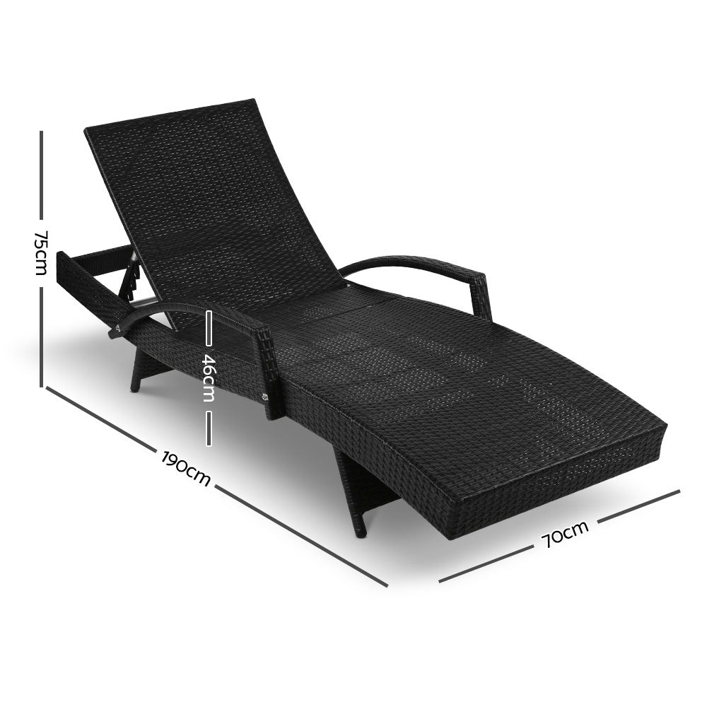 Gardeon 2PC Sun Lounge Set – Black Wicker Adjustable Outdoor Loungers with Cushions