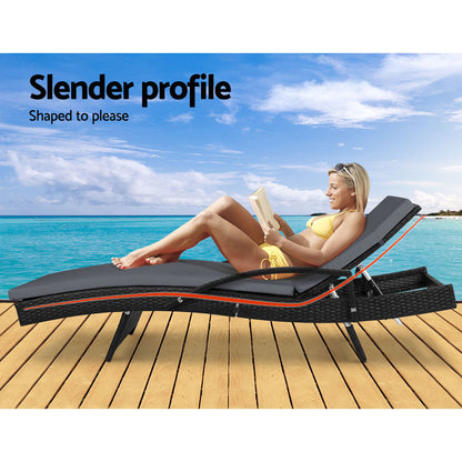 Gardeon 2PC Sun Lounge Set – Black Wicker Adjustable Outdoor Loungers with Cushions
