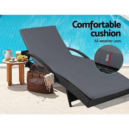Gardeon 2PC Sun Lounge Set – Black Wicker Adjustable Outdoor Loungers with Cushions