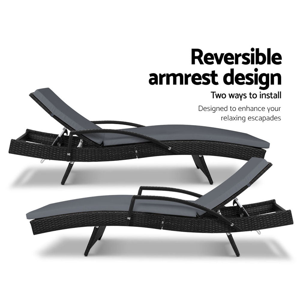 Gardeon 2PC Sun Lounge Set – Black Wicker Adjustable Outdoor Loungers with Cushions
