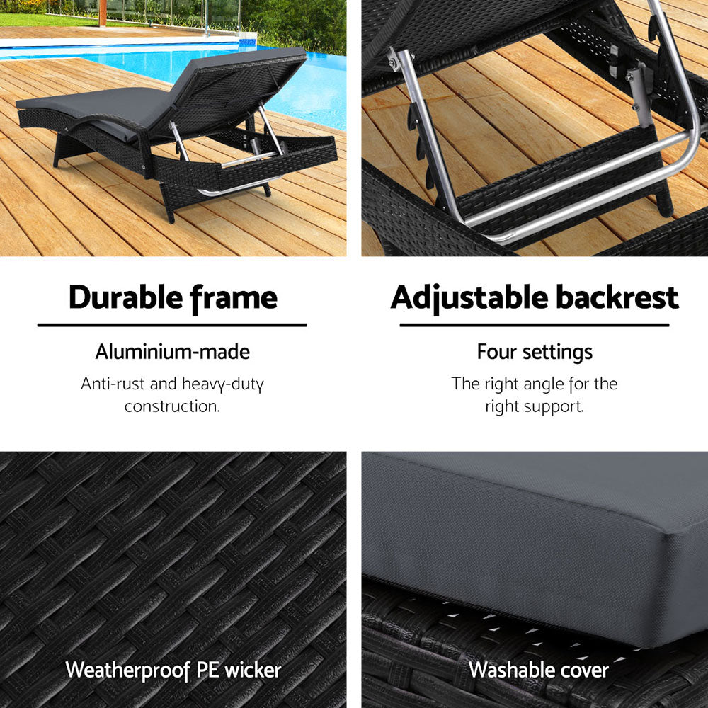 Gardeon 2PC Sun Lounge Set – Black Wicker Adjustable Outdoor Loungers with Cushions