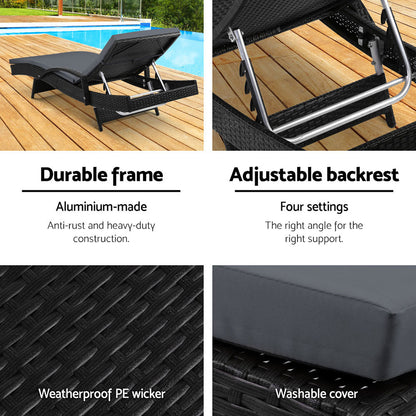 Gardeon 2PC Sun Lounge Set – Black Wicker Adjustable Outdoor Loungers with Cushions