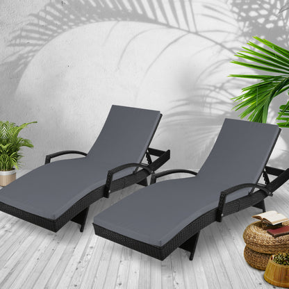 Gardeon 2PC Sun Lounge Set – Black Wicker Adjustable Outdoor Loungers with Cushions