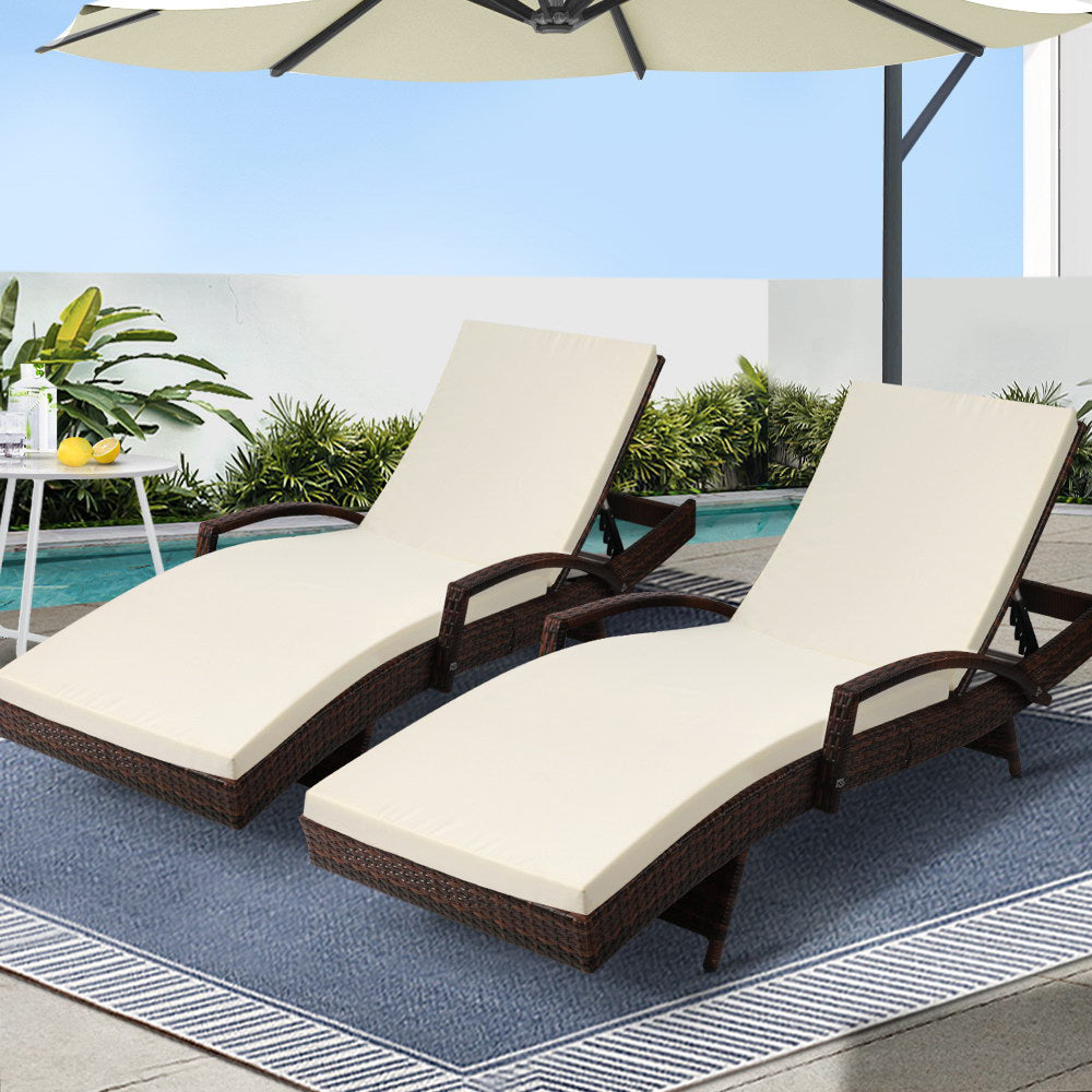 Gardeon 2PC Wicker Sun Lounges – Adjustable Outdoor Beach Chairs with Cushion (Brown)