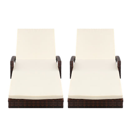Gardeon 2PC Wicker Sun Lounges – Adjustable Outdoor Beach Chairs with Cushion (Brown)