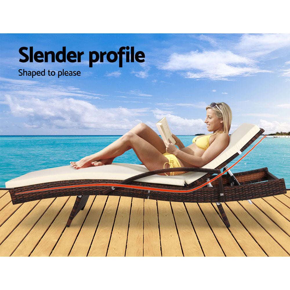 Gardeon 2PC Wicker Sun Lounges – Adjustable Outdoor Beach Chairs with Cushion (Brown)