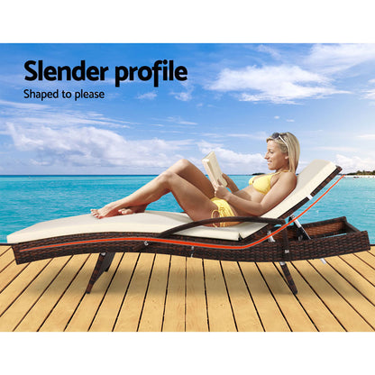 Gardeon 2PC Wicker Sun Lounges – Adjustable Outdoor Beach Chairs with Cushion (Brown)