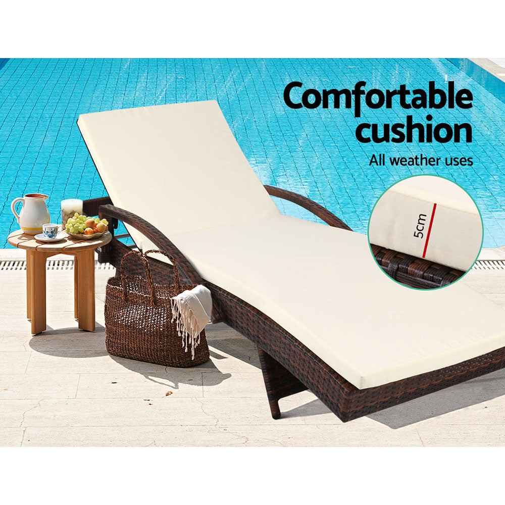 Gardeon 2PC Wicker Sun Lounges – Adjustable Outdoor Beach Chairs with Cushion (Brown)