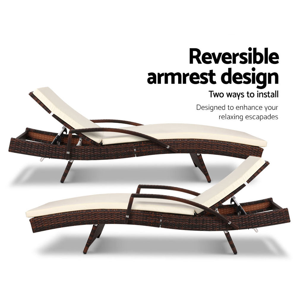 Gardeon 2PC Wicker Sun Lounges – Adjustable Outdoor Beach Chairs with Cushion (Brown)