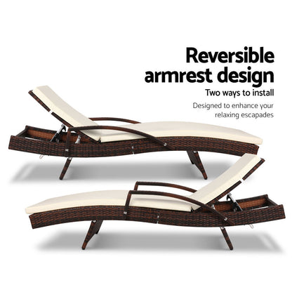 Gardeon 2PC Wicker Sun Lounges – Adjustable Outdoor Beach Chairs with Cushion (Brown)