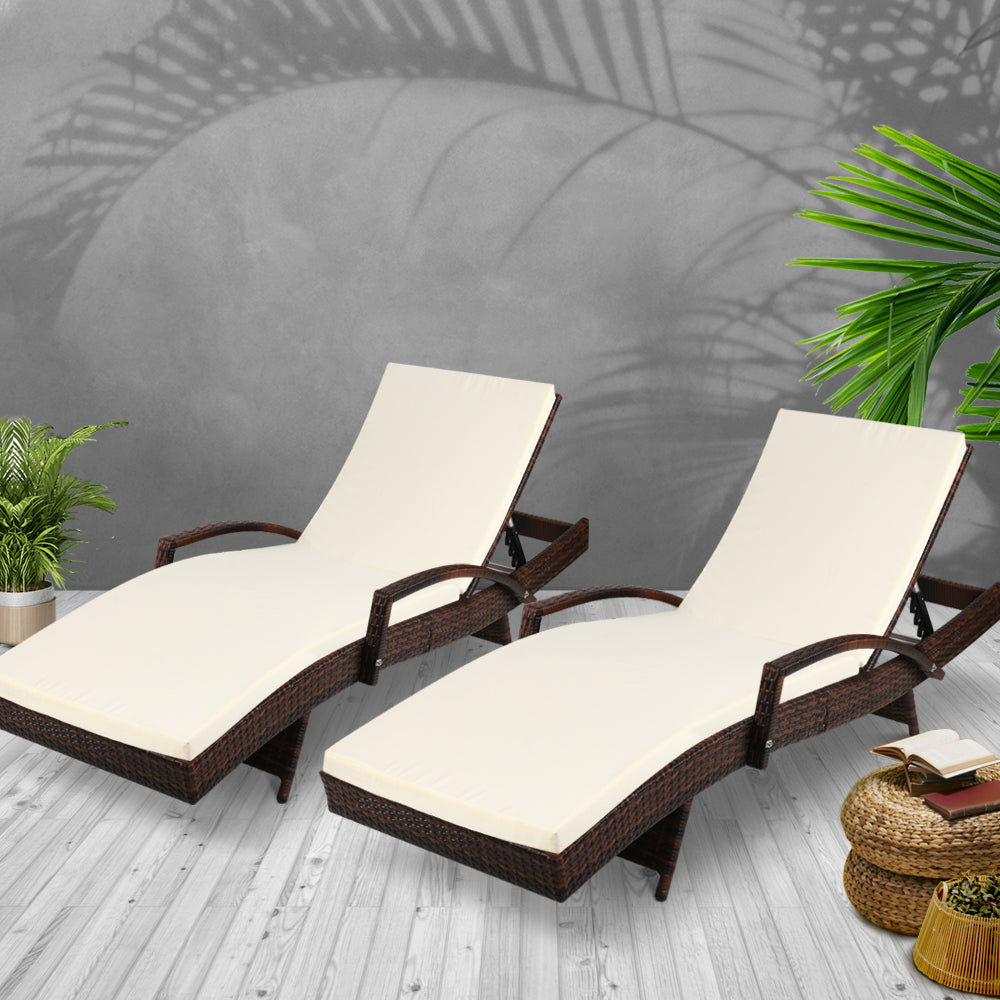 Gardeon 2PC Wicker Sun Lounges – Adjustable Outdoor Beach Chairs with Cushion (Brown)