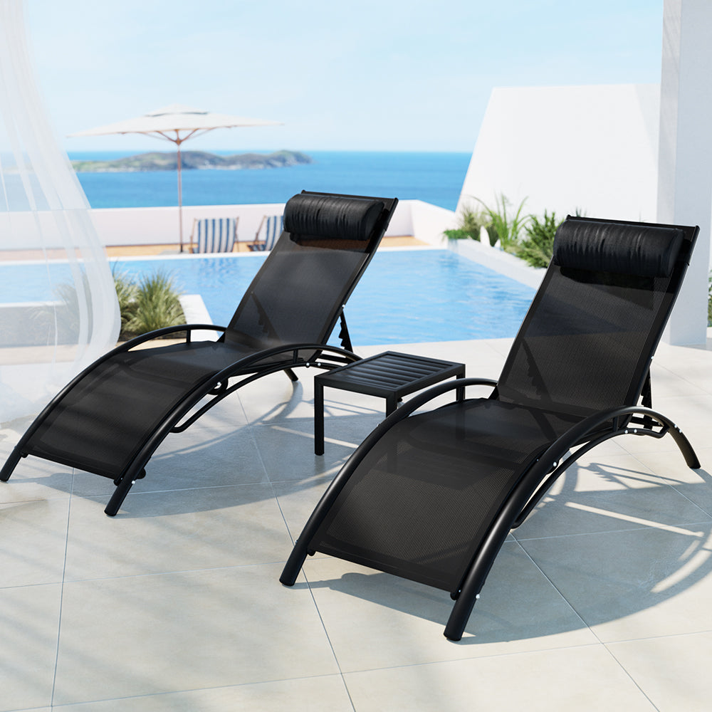 Gardeon 3PC Outdoor Sun Lounge Set – Steel Loungers & Table for Garden & Patio