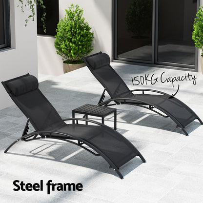 Gardeon 3PC Outdoor Sun Lounge Set – Steel Loungers & Table for Garden & Patio