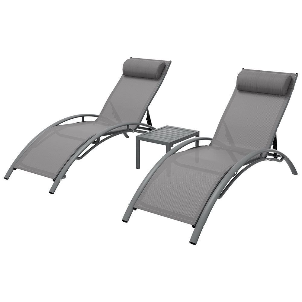 Gardeon 3PC Outdoor Sun Lounge Set – Grey Steel Loungers & Table for Patio & Garden