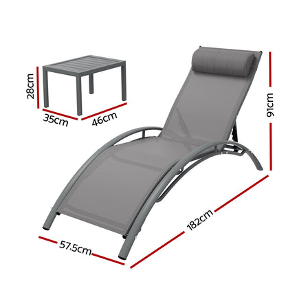 Gardeon 3PC Outdoor Sun Lounge Set – Grey Steel Loungers & Table for Patio & Garden