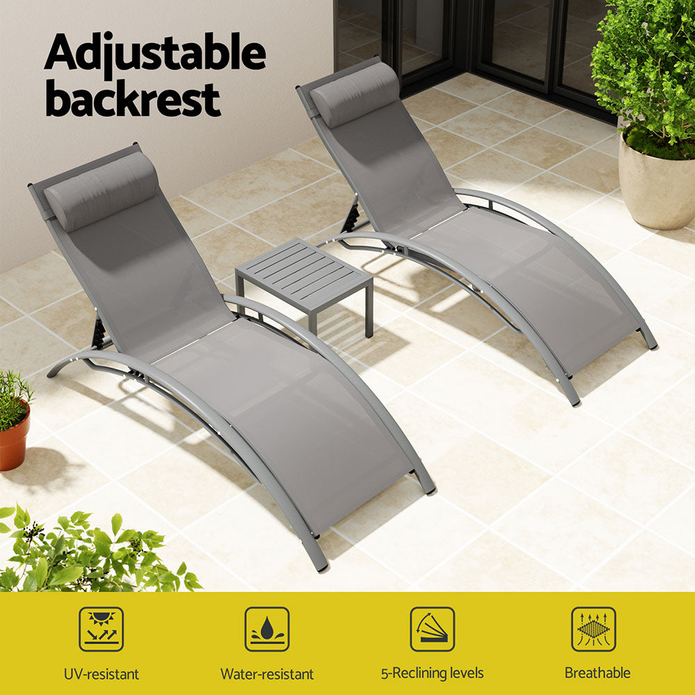 Gardeon 3PC Outdoor Sun Lounge Set – Grey Steel Loungers & Table for Patio & Garden