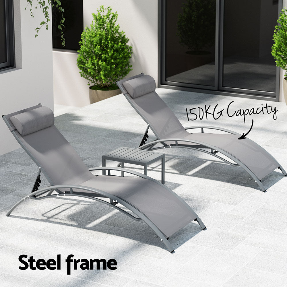 Gardeon 3PC Outdoor Sun Lounge Set – Grey Steel Loungers & Table for Patio & Garden