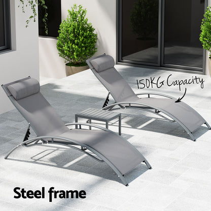 Gardeon 3PC Outdoor Sun Lounge Set – Grey Steel Loungers & Table for Patio & Garden