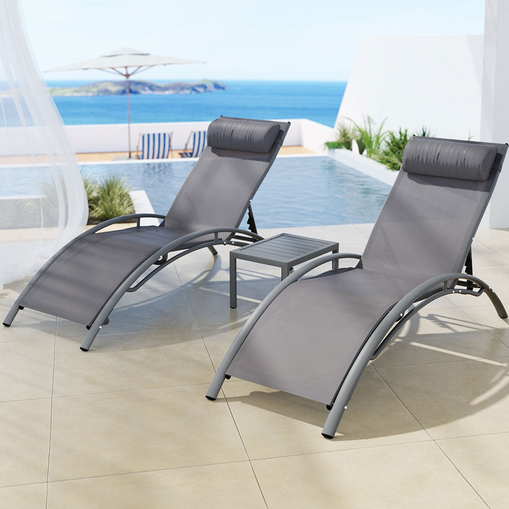 Gardeon 3PC Outdoor Sun Lounge Set – Grey Steel Loungers & Table for Patio & Garden
