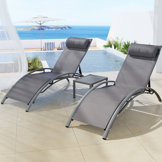 Gardeon 3PC Outdoor Sun Lounge Set – Grey Steel Loungers & Table for Patio & Garden