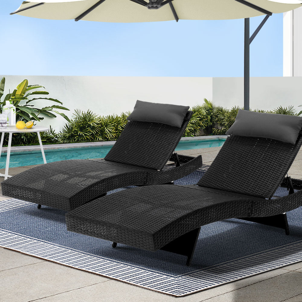 Gardeon 2PC Sun Lounge Set – Black Wicker Adjustable Outdoor Beach & Garden Loungers