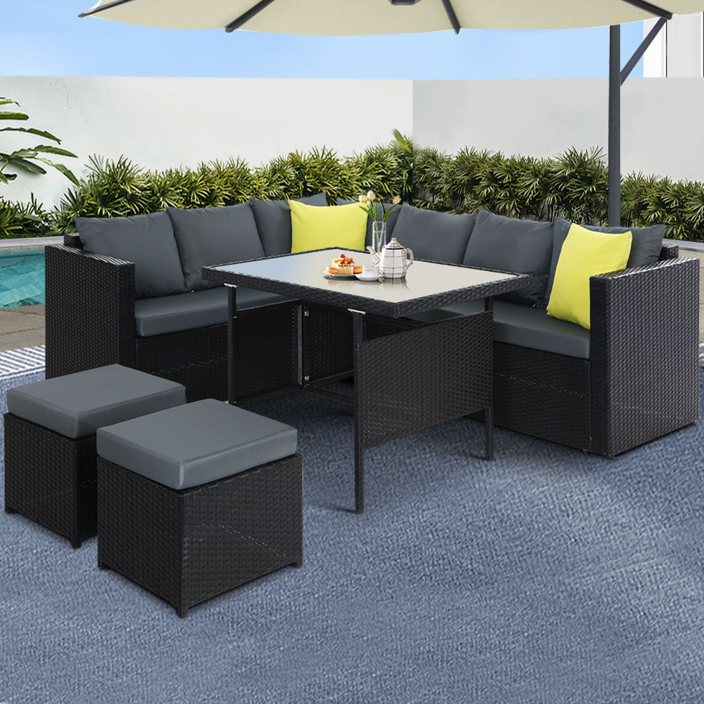 Gardeon Outdoor Dining Set – Black Aluminum Table & Wicker Chairs Patio Setting