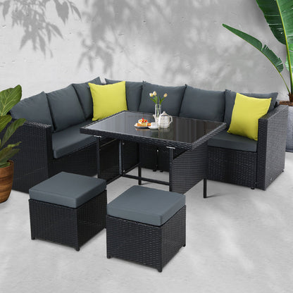 Gardeon Outdoor Dining Set – Black Aluminum Table & Wicker Chairs Patio Setting
