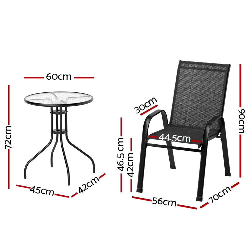 Gardeon 3PC Outdoor Bistro Set – Stackable Black Table & Chairs Patio Furniture