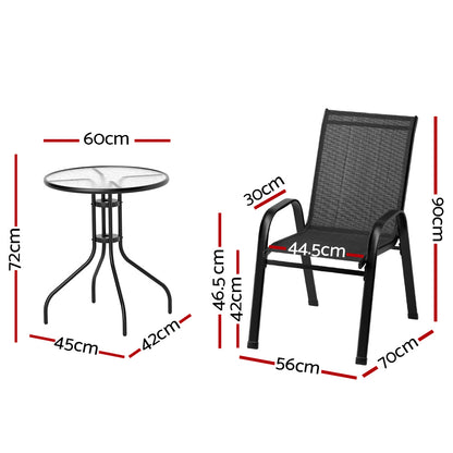 Gardeon 3PC Outdoor Bistro Set – Stackable Black Table & Chairs Patio Furniture