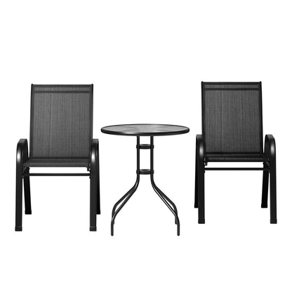 Gardeon 3PC Outdoor Bistro Set – Stackable Black Table & Chairs Patio Furniture