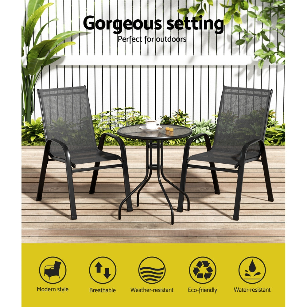 Gardeon 3PC Outdoor Bistro Set – Stackable Black Table & Chairs Patio Furniture