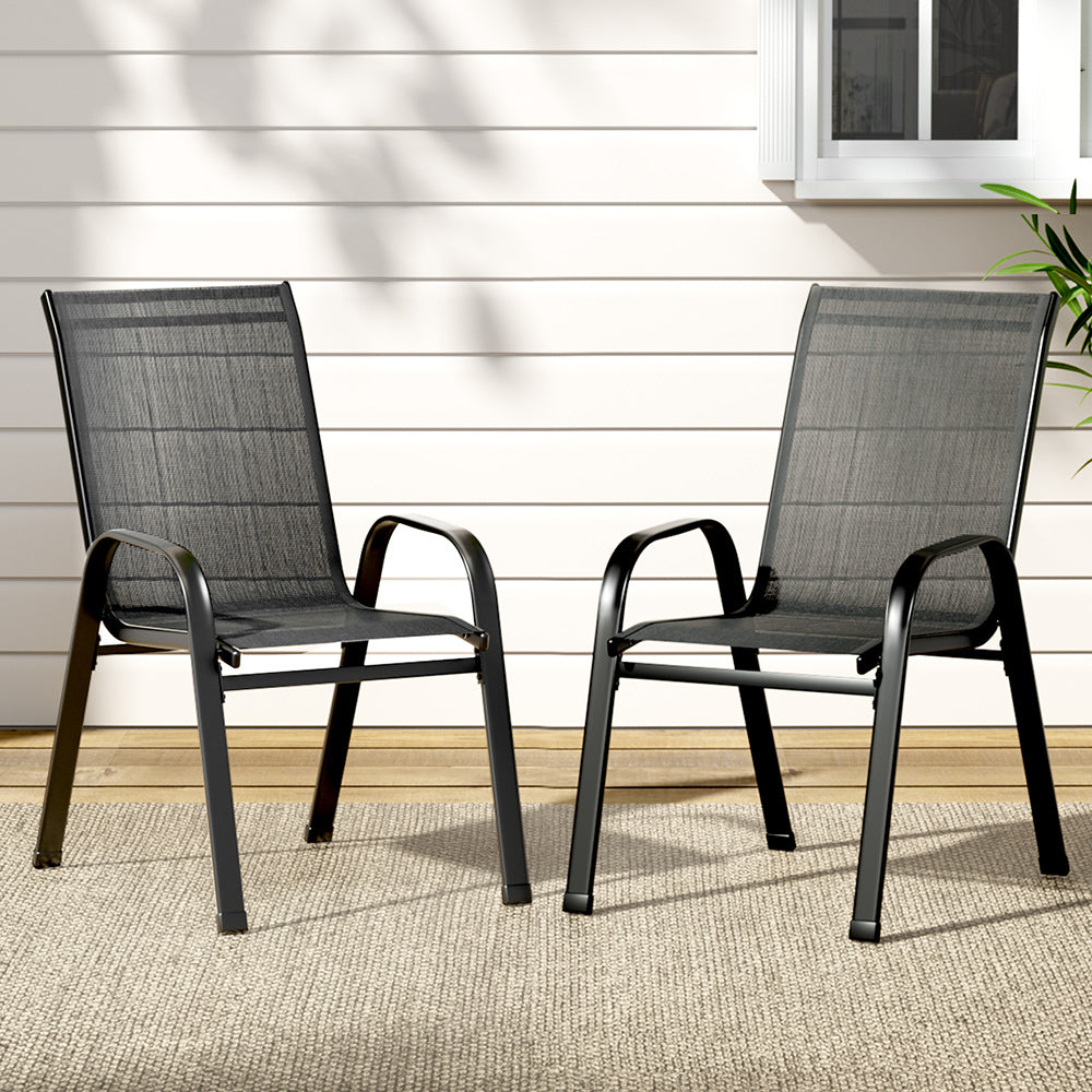 Gardeon 2PC Outdoor Dining Chairs – Black Stackable Patio Lounge Furniture