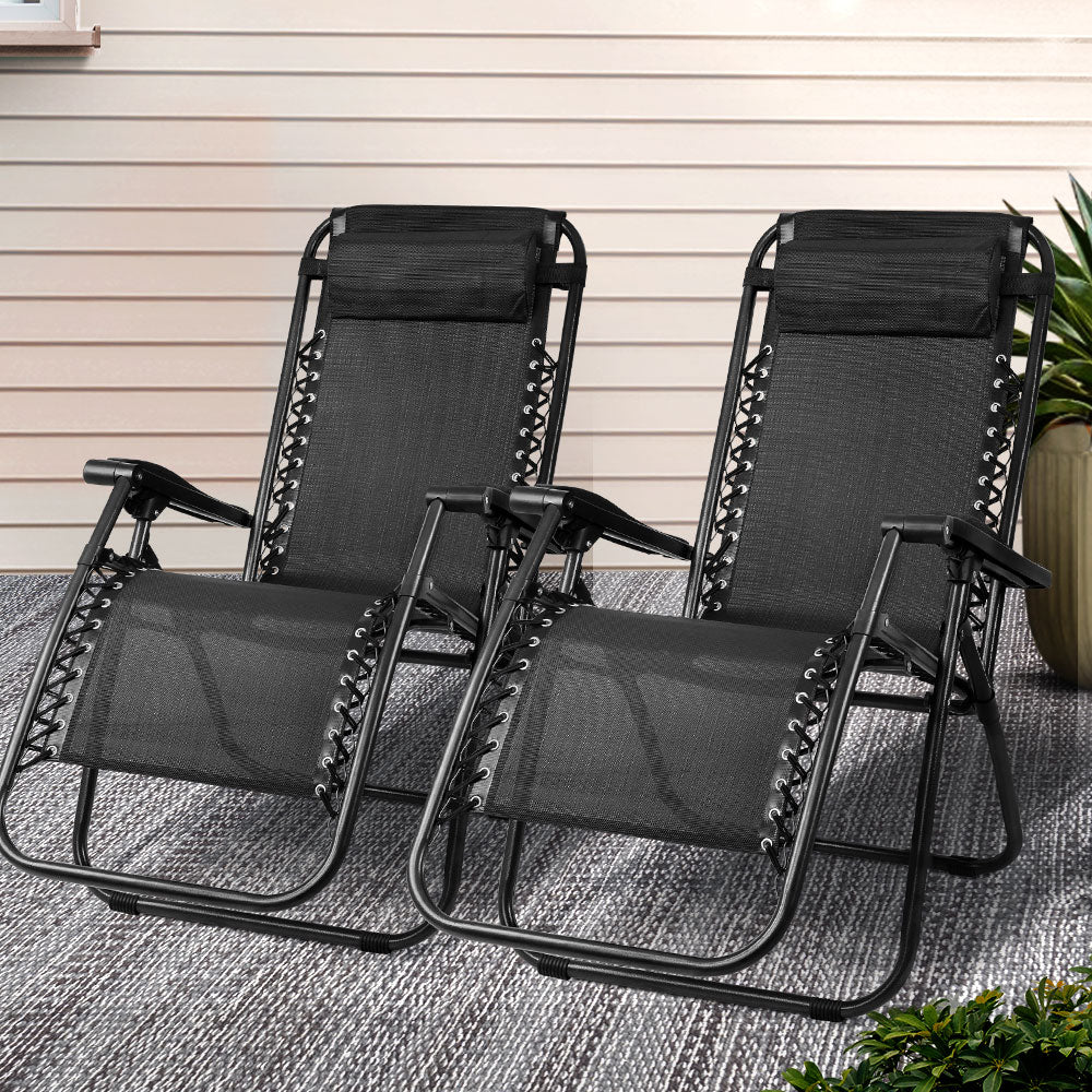 Gardeon 2PC Zero Gravity Chairs – Folding Outdoor Recliners for Camping & Lounge (Black)