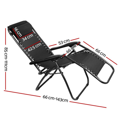 Gardeon 2PC Zero Gravity Chairs – Folding Outdoor Recliners for Camping & Lounge (Black)