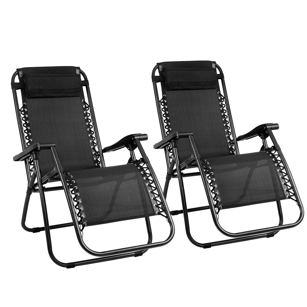 Gardeon 2PC Zero Gravity Chairs – Folding Outdoor Recliners for Camping & Lounge (Black)