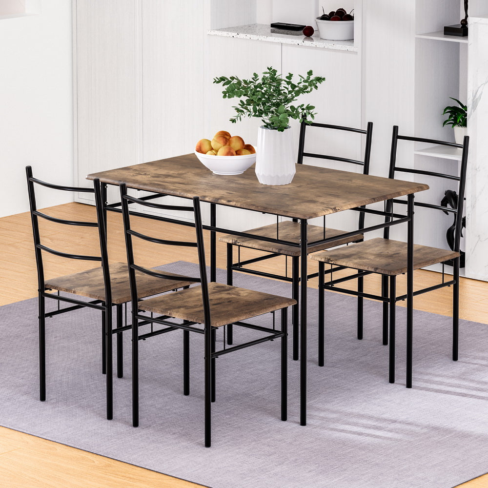 Artiss 5PCS Dining Table Set – Industrial Wooden & Metal Chairs + Table (Walnut)