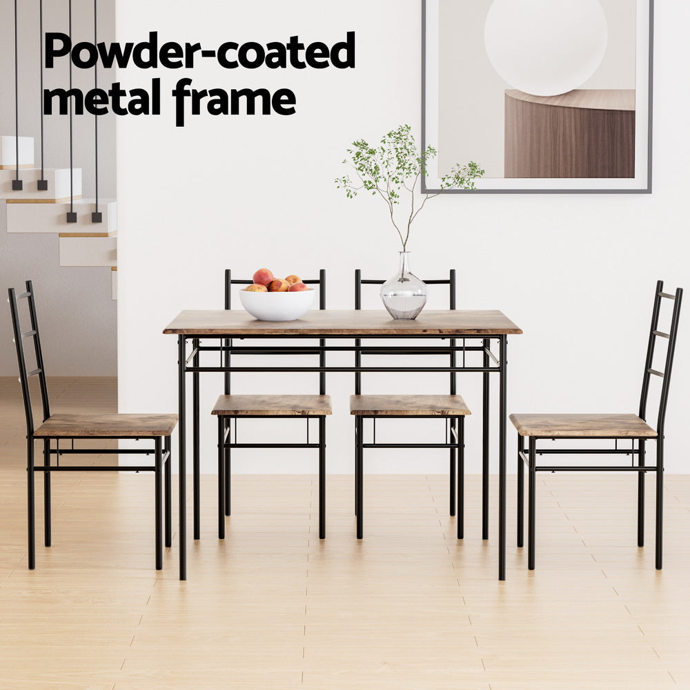 Artiss 5PCS Dining Table Set – Industrial Wooden & Metal Chairs + Table (Walnut)