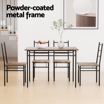 Artiss 5PCS Dining Table Set – Industrial Wooden & Metal Chairs + Table (Walnut)