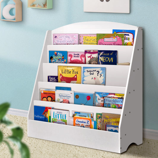 Keezi 5-Tier Kids Bookshelf – White Bookcase & Magazine Display Rack Organizer