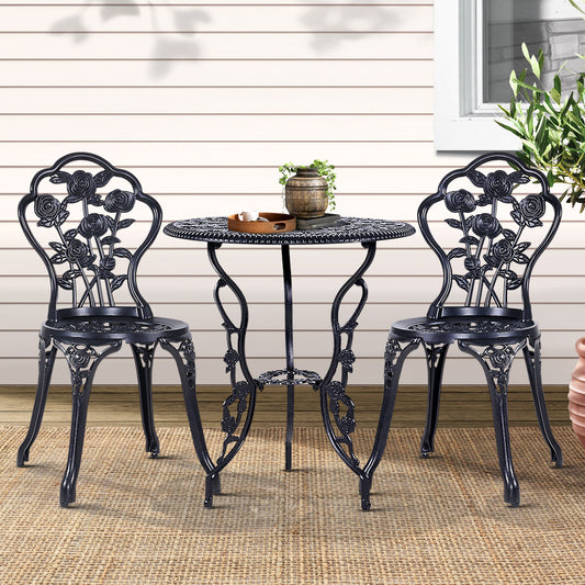 Gardeon 3PC Outdoor Bistro Set – Rose Black Cast Aluminum Table & Chairs