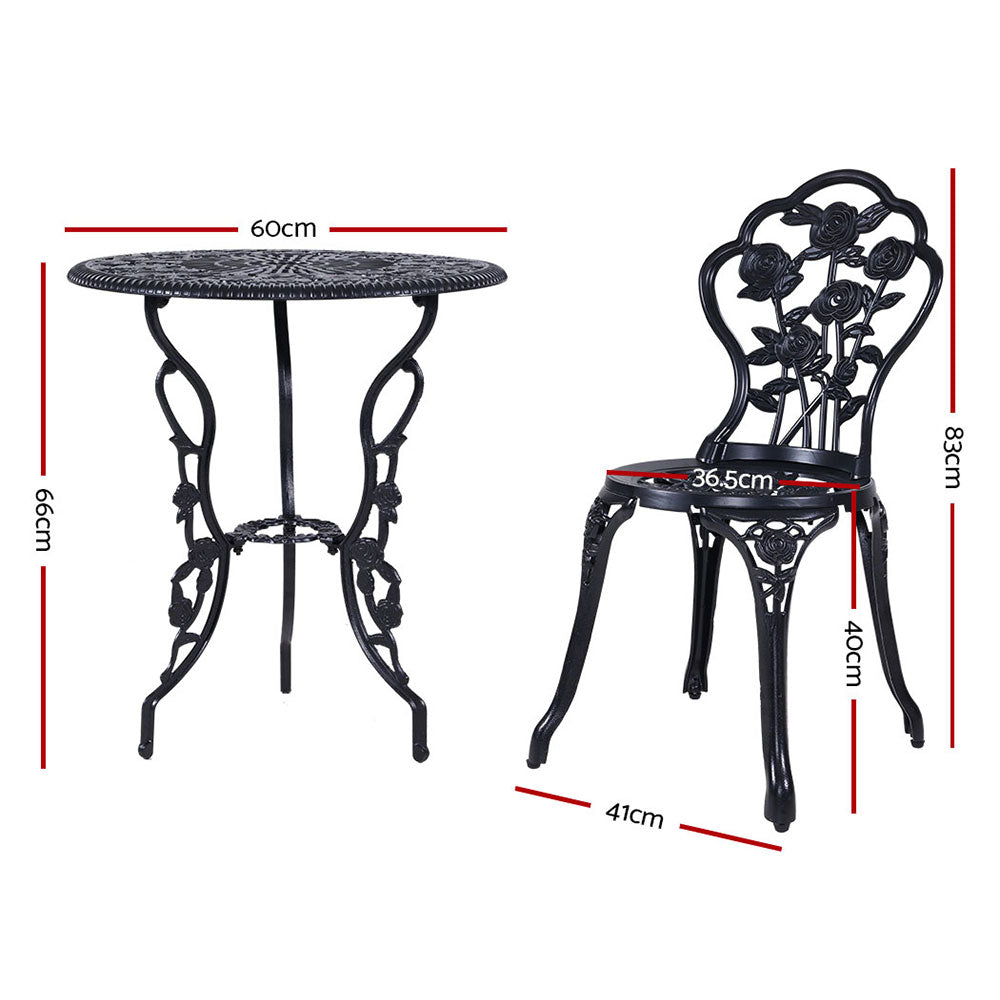 Gardeon 3PC Outdoor Bistro Set – Rose Black Cast Aluminum Table & Chairs