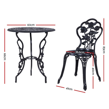 Gardeon 3PC Outdoor Bistro Set – Rose Black Cast Aluminum Table & Chairs