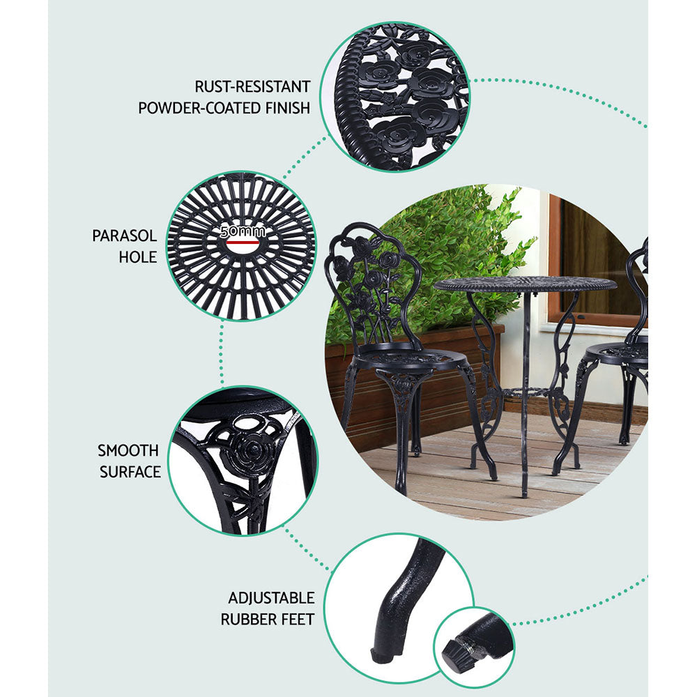 Gardeon 3PC Outdoor Bistro Set – Rose Black Cast Aluminum Table & Chairs